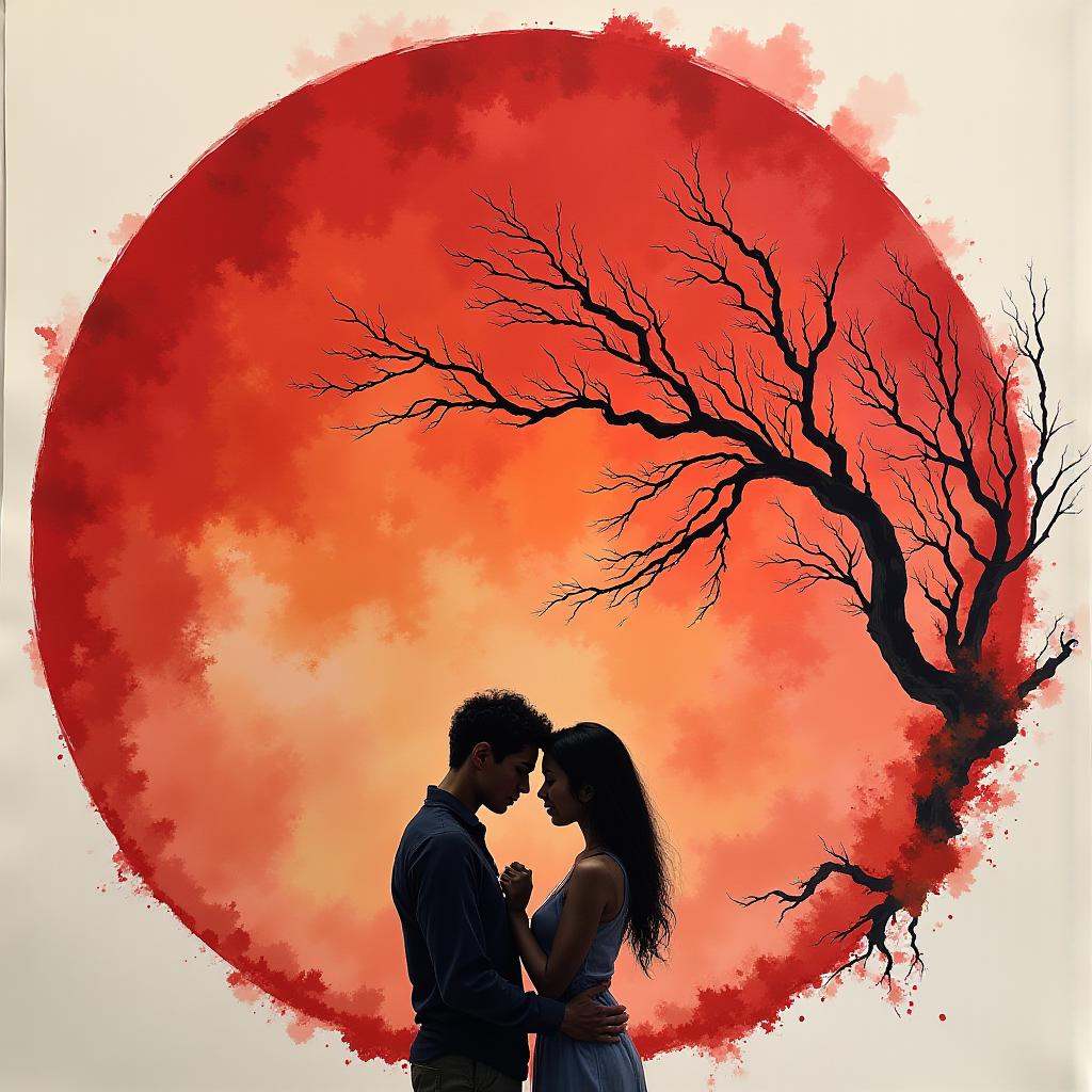 On pale deep red paper,  romantic scenery,  loving couple on Tensor.Art