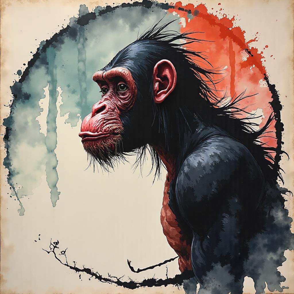 a dark pink Chimpanzee in the Muted Jade,  Terracotta and Beige void,  mundane on Tensor.Art