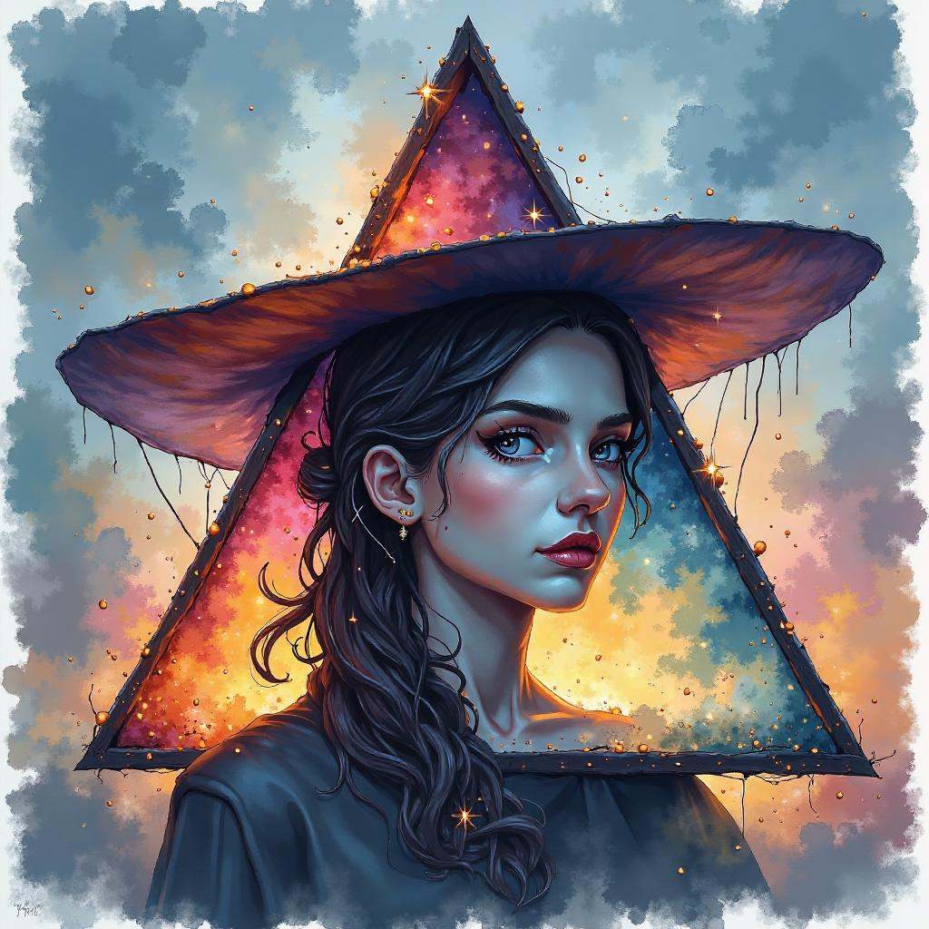 beautiful witch with big triangle hat,  magical,  photorealistic illustration on Tensor.Art
