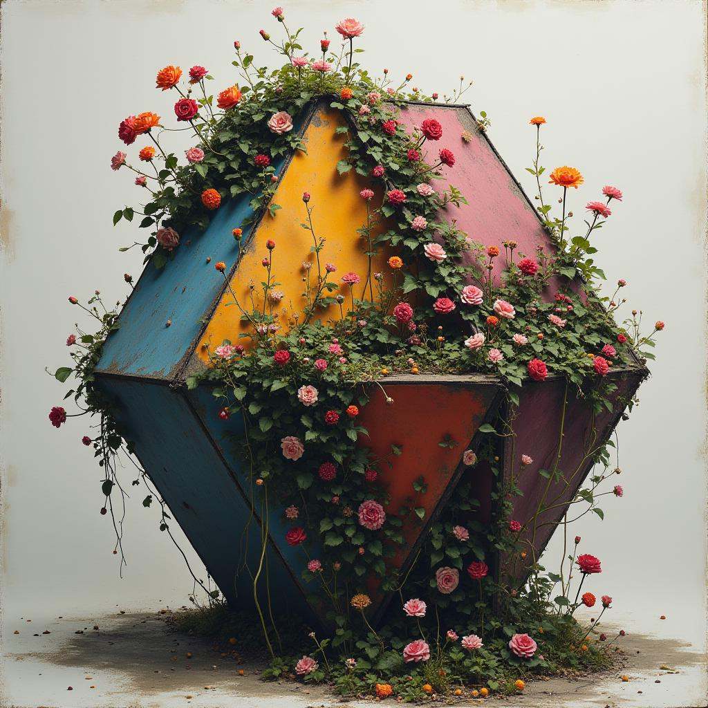 flowery ivy overgrowing a geometric object,  post-apocalyptic with artistic contrast on Tensor.Art