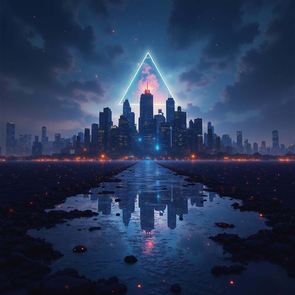 city skyline in night scenery,  reflecting,  cyberpunk style on Tensor.Art