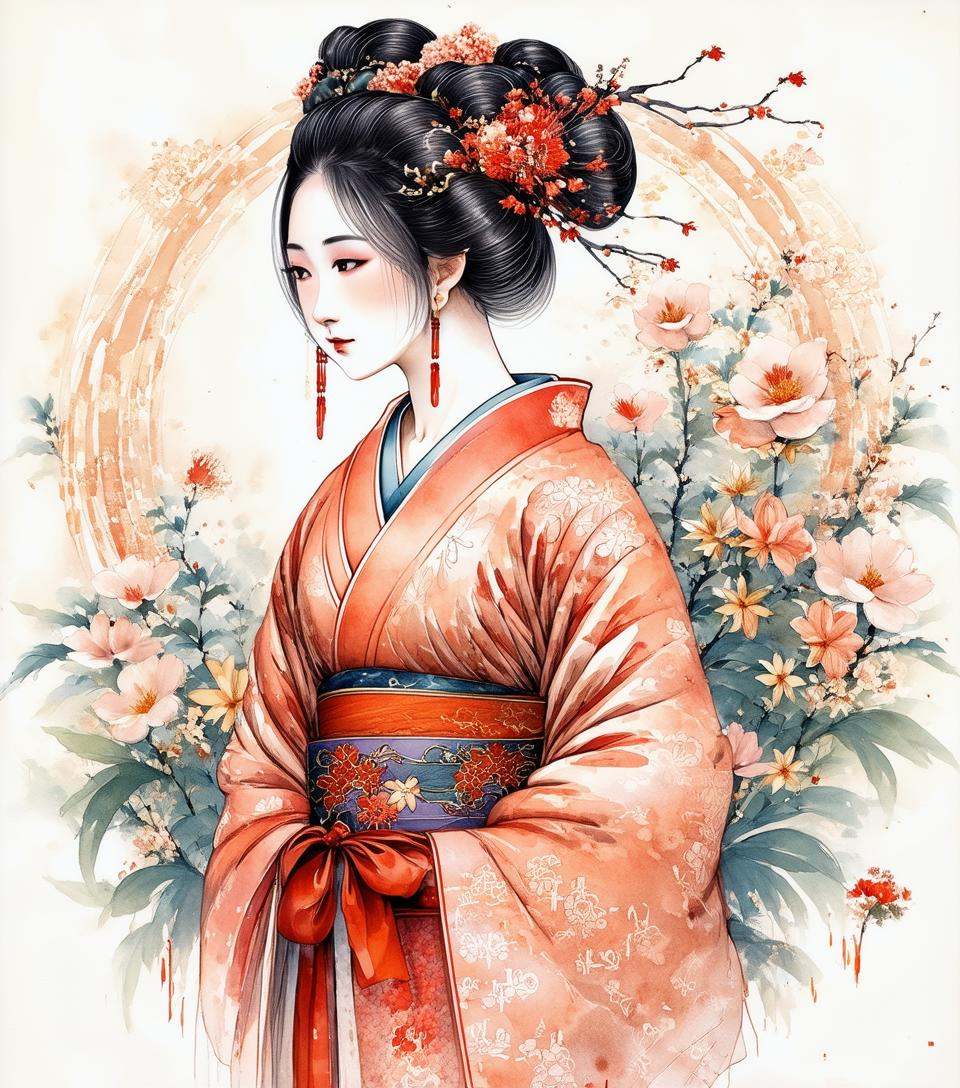 delicate watercolor painting of a Shinto Woman in a kimono,  Jealous intricate detail,  well-lit scene on Tensor.Art