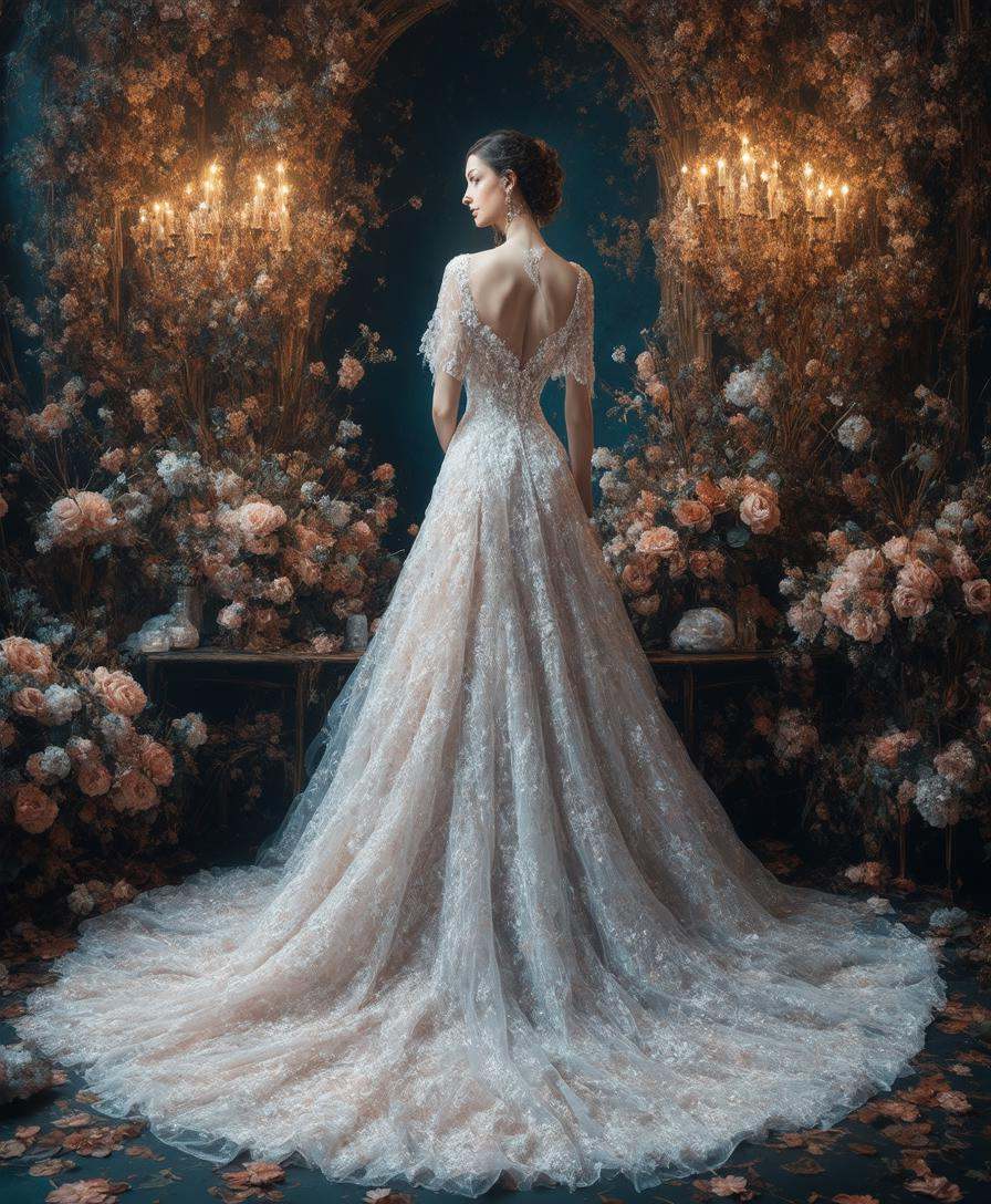 sexy white and pyrite floral living wedding gown made out of soft flowing transparent brocade fabric,  masterpiece,  dark...