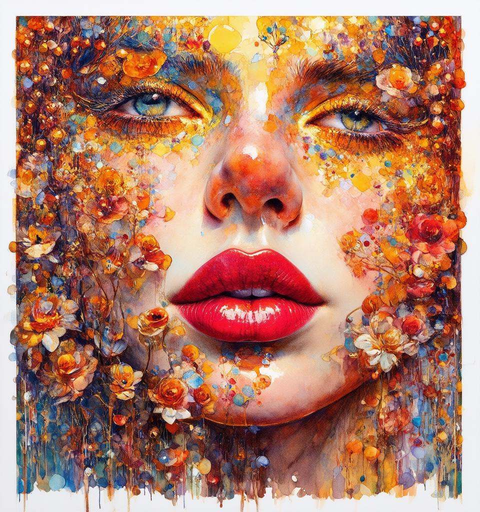 kissing lips woman by Gustav Klimt,  artistic impressionist watercolor paint by Geoffroy Thoorens and James Christensen,...