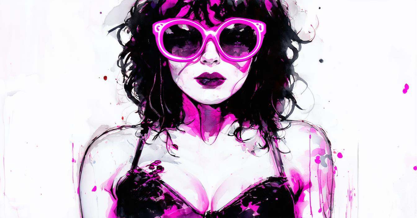 sexy woman with big breasts and neon pink glasses,  punk style,  detailed ink painting on Tensor.Art