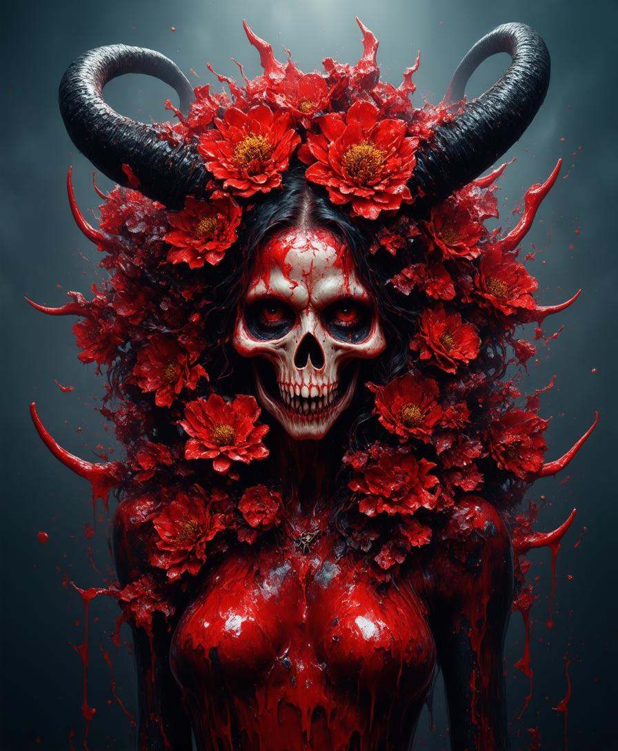 grim Lillith portrait in underbust corsage made out of iridescent red blood flower penals as graffiti art,  horned female...