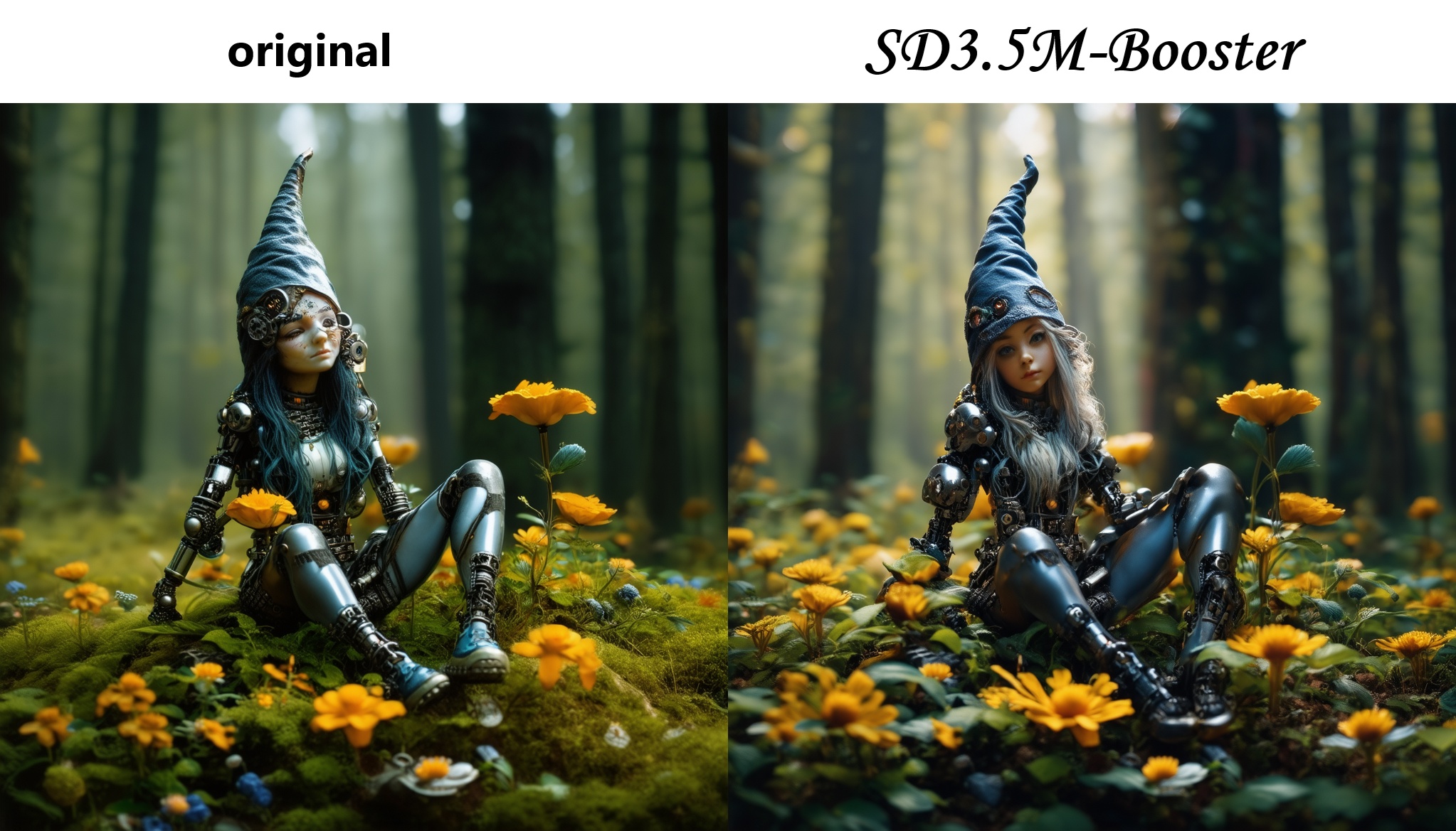 biomechanical female forest gnome cyborg sitting on a flower,  dangling feet,  merging of steampunk mechanic and nature fl...