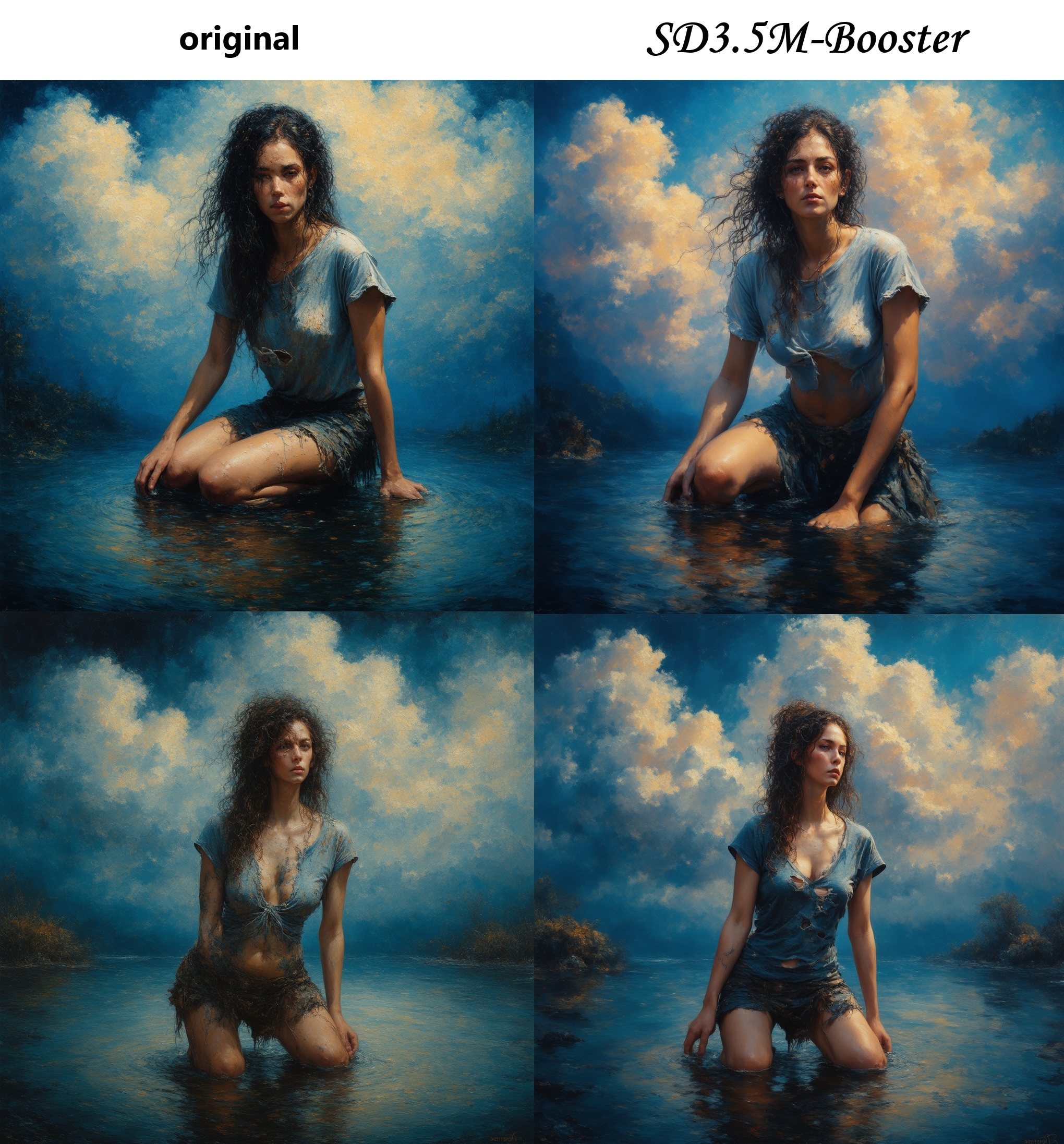 mysterious hobo woman,  kneeling in water,  torn t-shirt on Tensor.Art