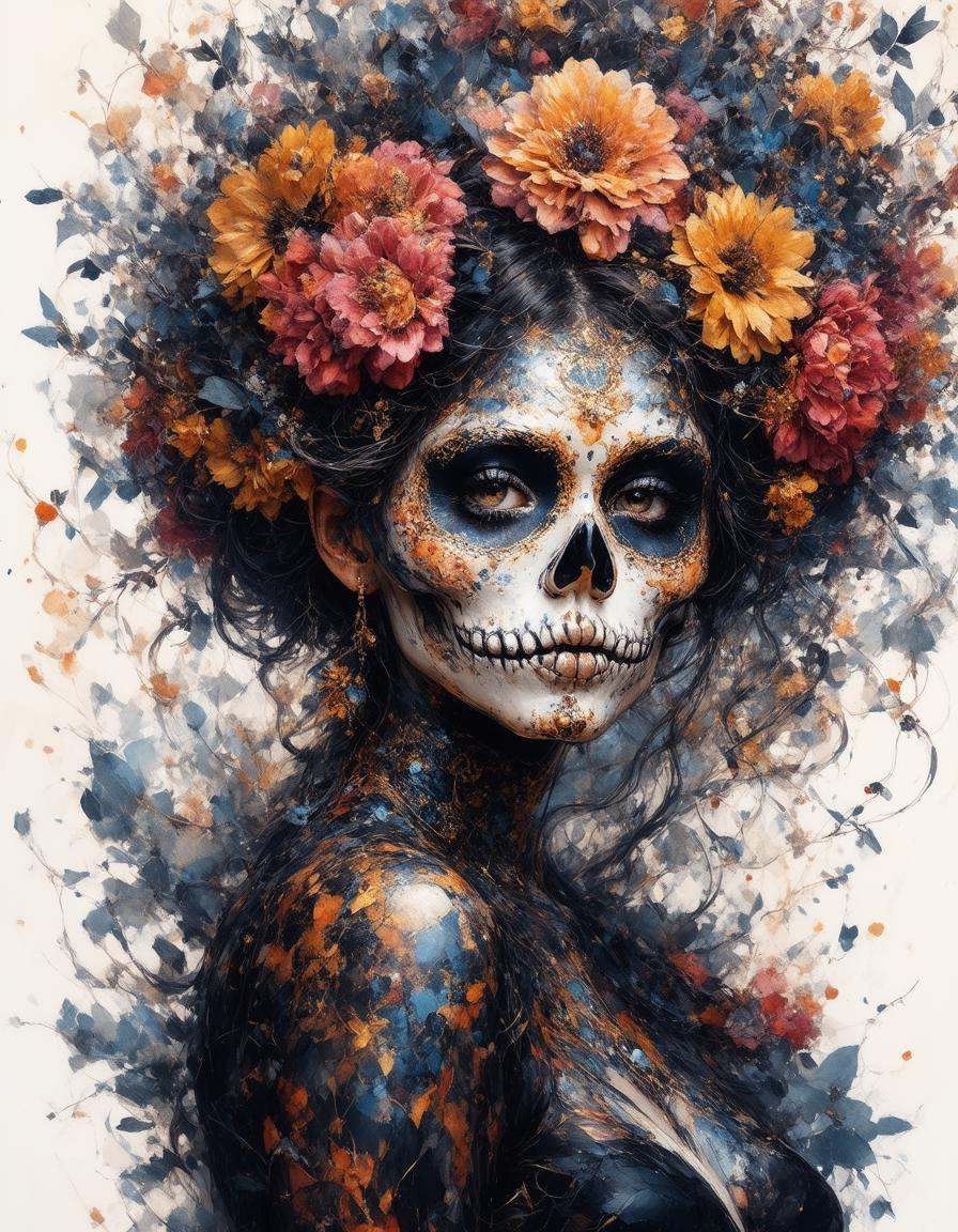 full body portrait beautiful woman with flowery hair Día de los Muertos by Alberto Seveso,  Wlop,  MW Kaluta on Tensor.Art