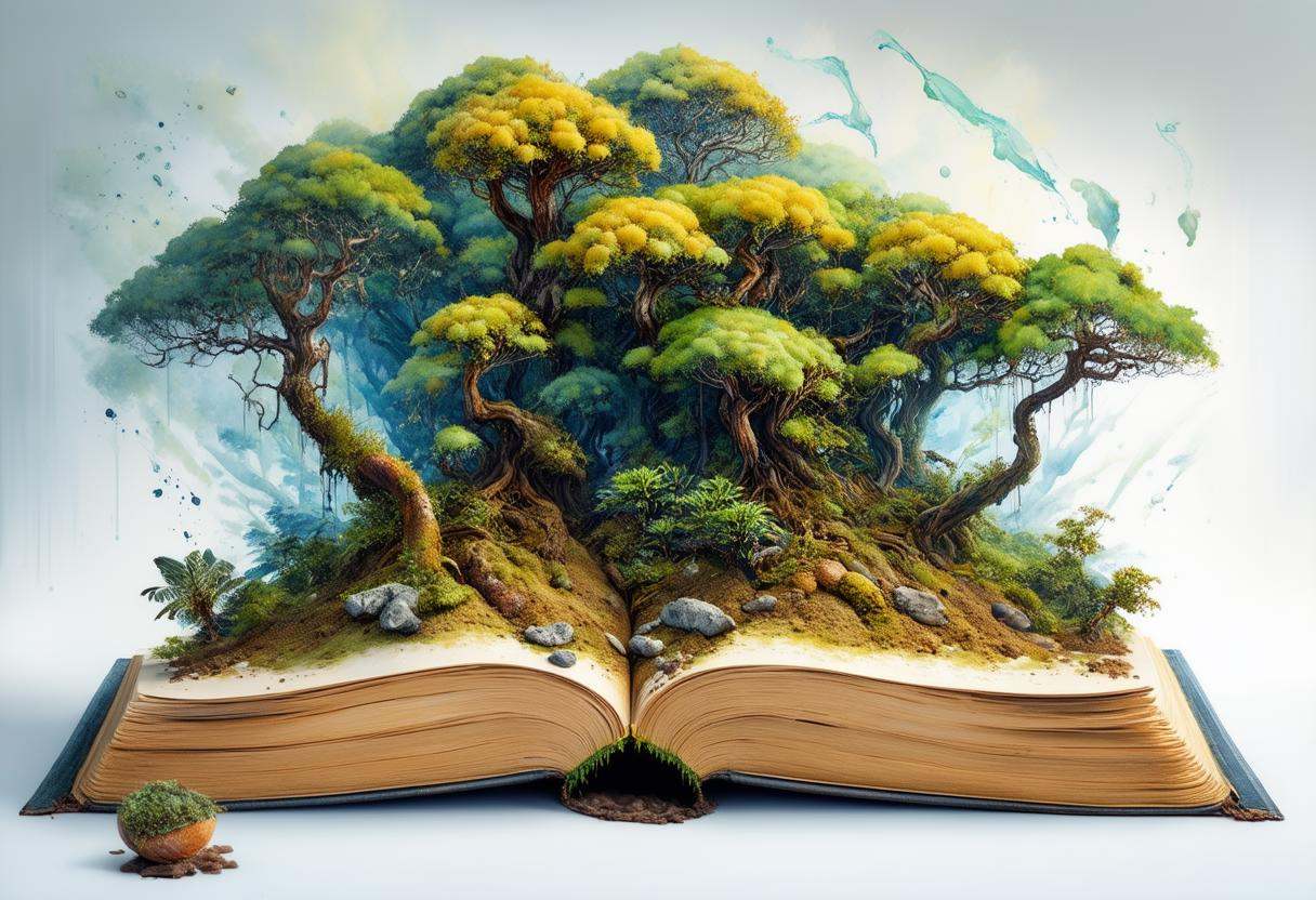 aerial view on magical tiny forest growing from a huge book made out of soil,  intricate and hyperdetailed watercolor and...