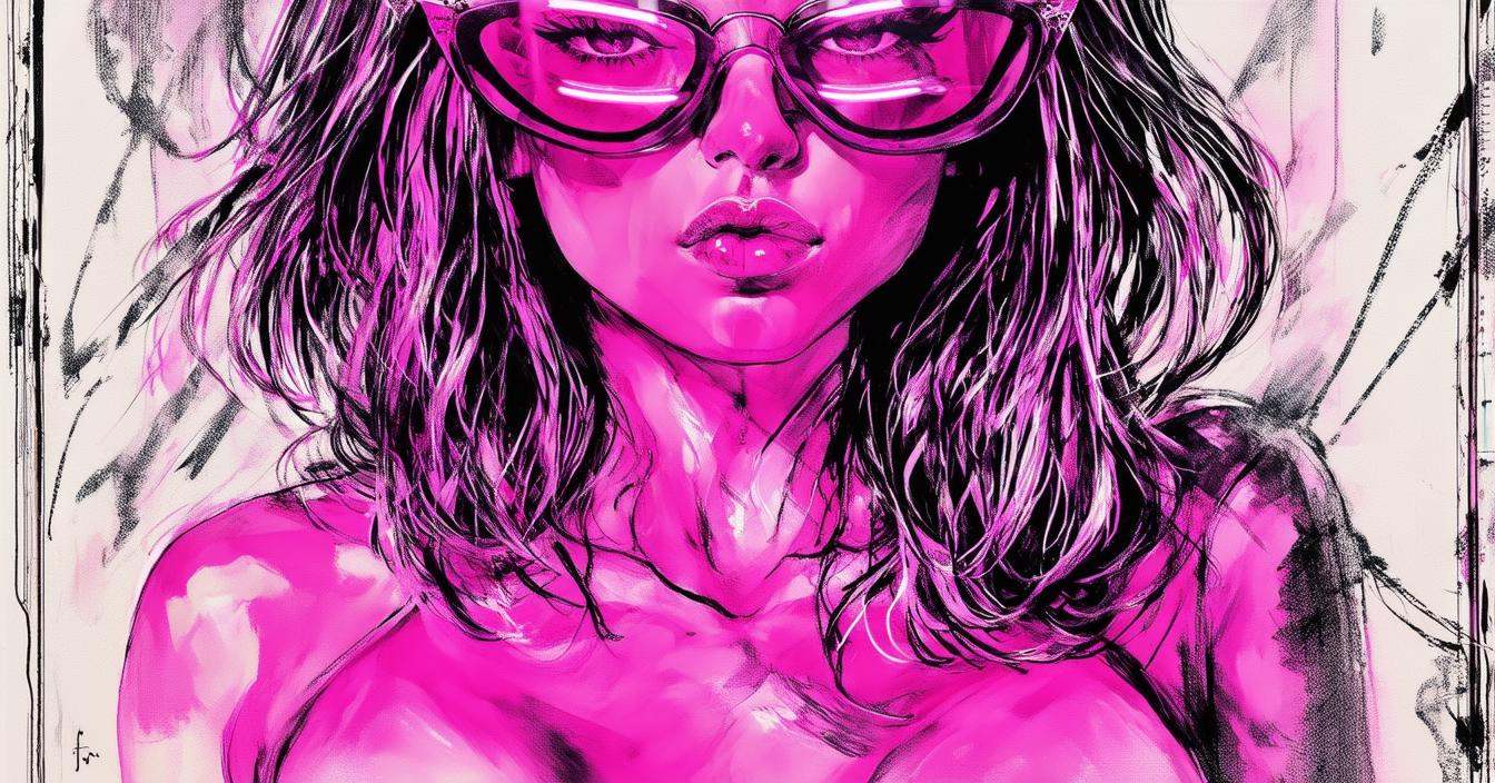sexy woman with big breasts and neon pink glasses,  punk style,  detailed ink painting on Tensor.Art