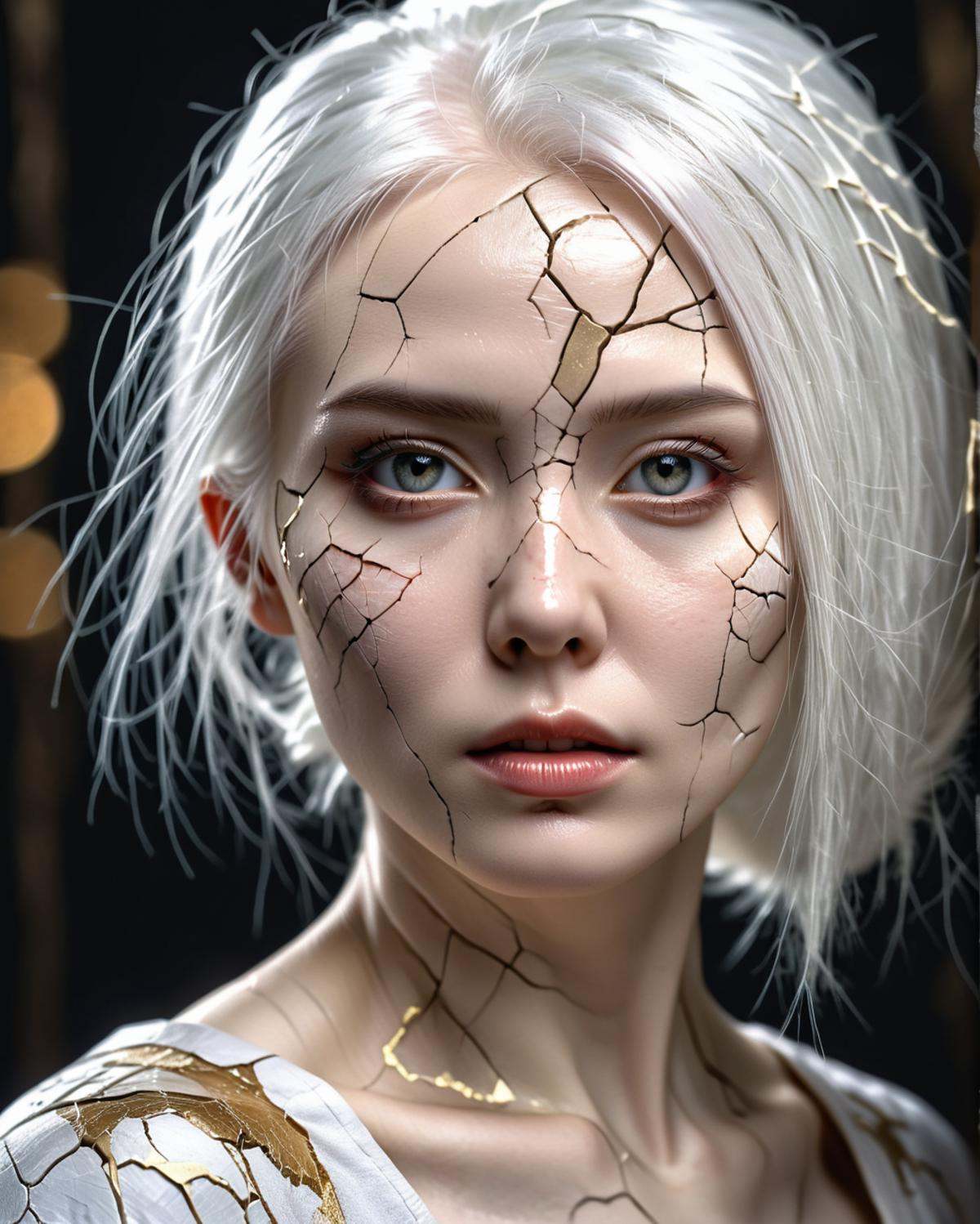 beautiful woman with pale skin and long white hair in kintsugi style,  bokeh,  wonderful atmosphere on Tensor.Art