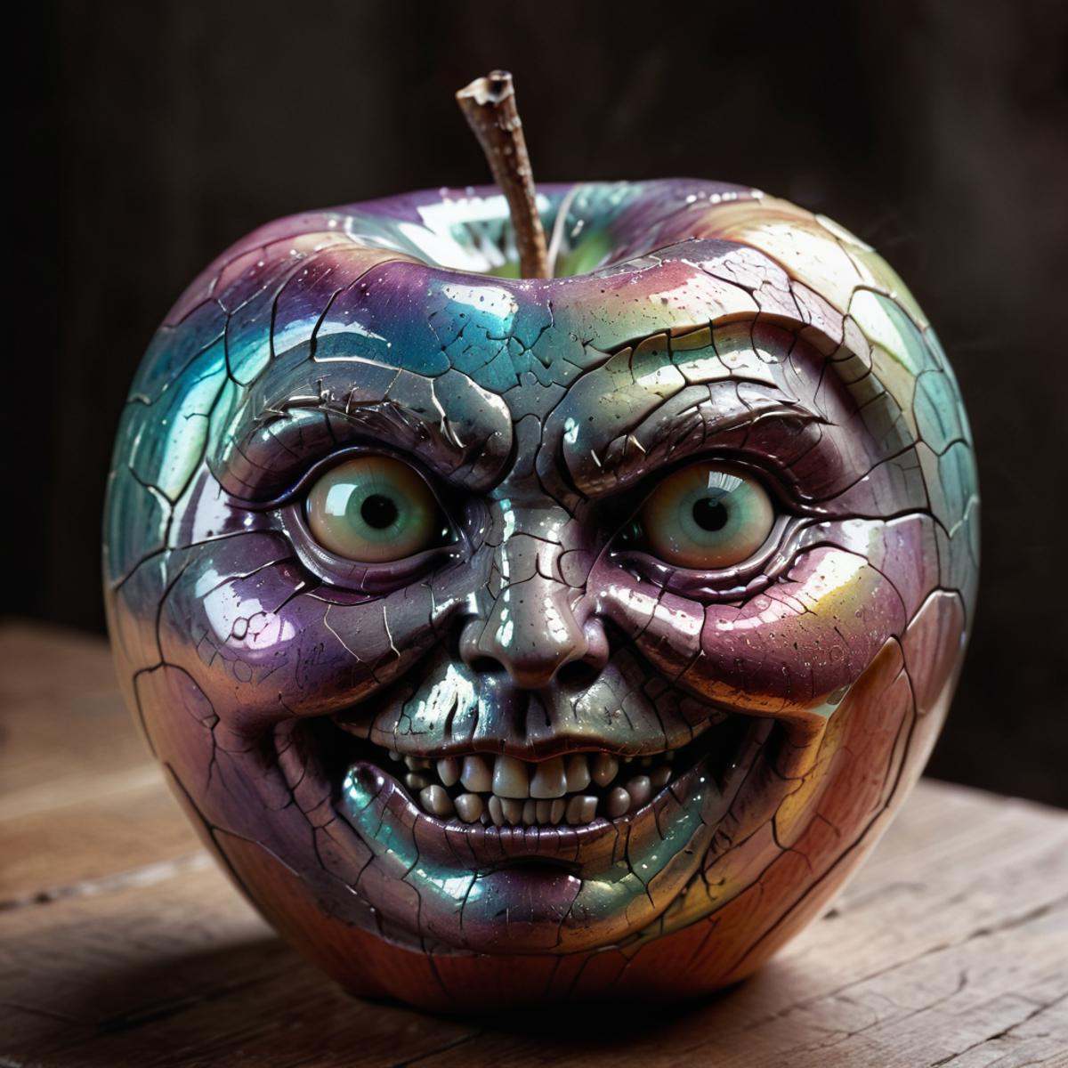 iridescent porcelain apple with a mad face,  muted wet colors,  intricate artwork on Tensor.Art