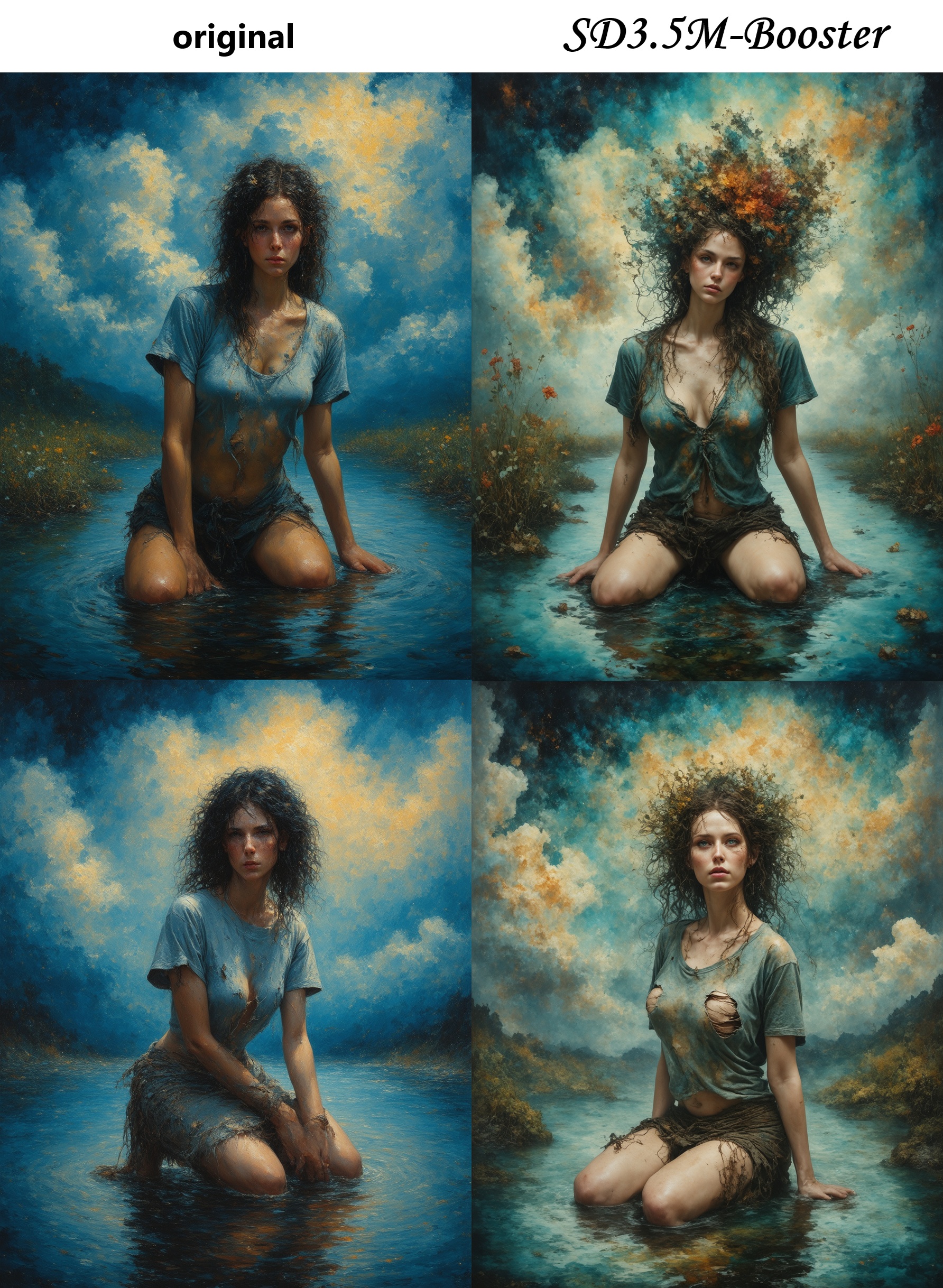 mysterious hobo woman,  kneeling in water,  torn t-shirt on Tensor.Art