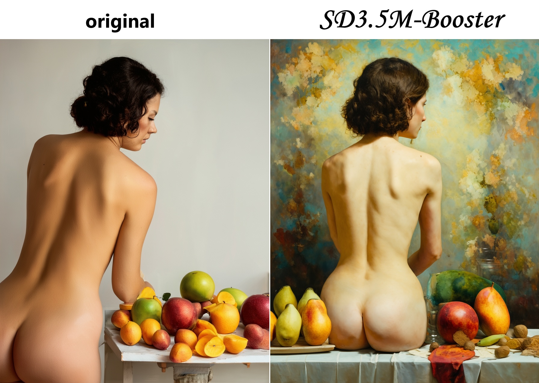 naked woman painting a fruit still life,  view from behind on Tensor.Art