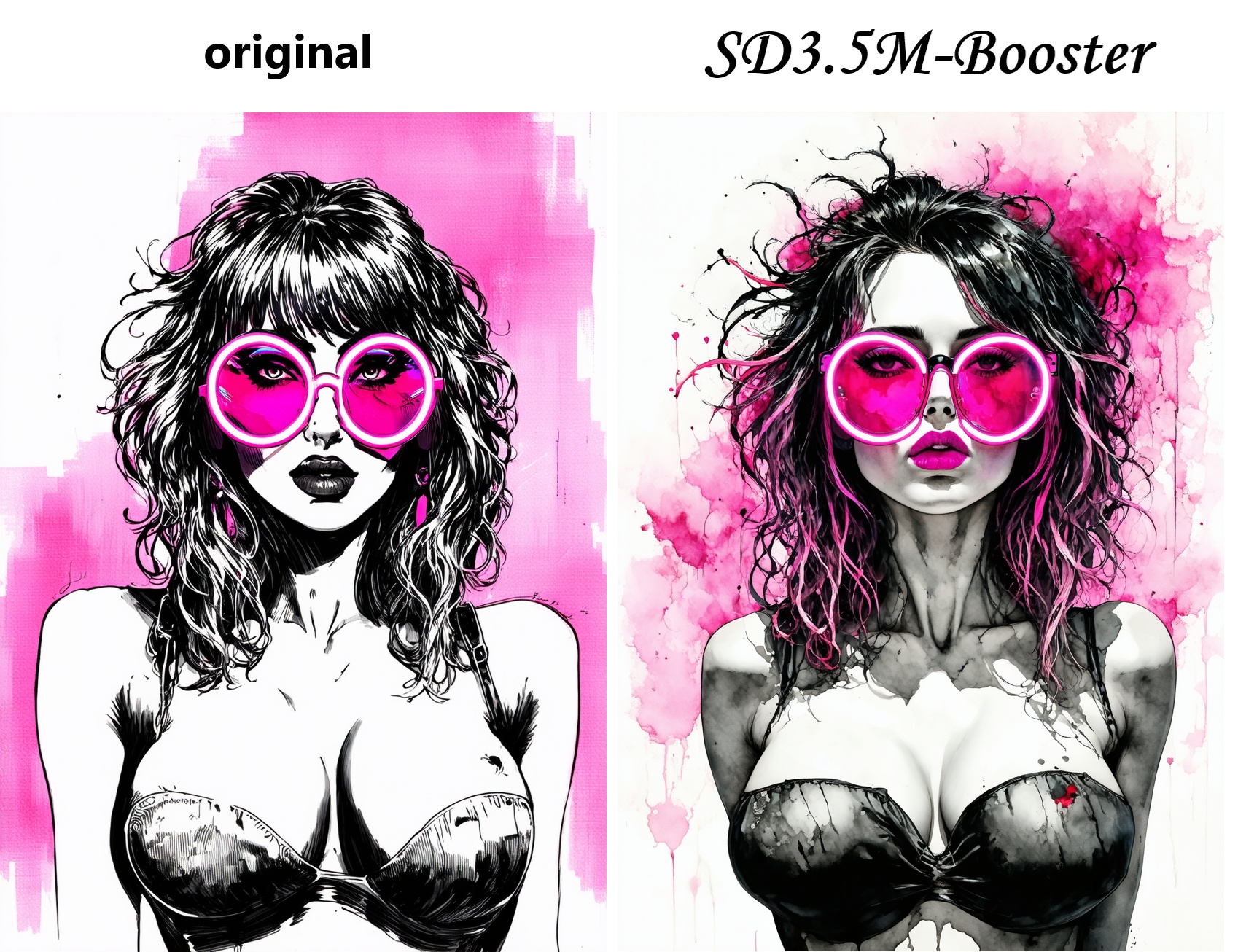 sexy woman with big breasts and neon pink glasses,  punk style,  detailed ink painting on Tensor.Art