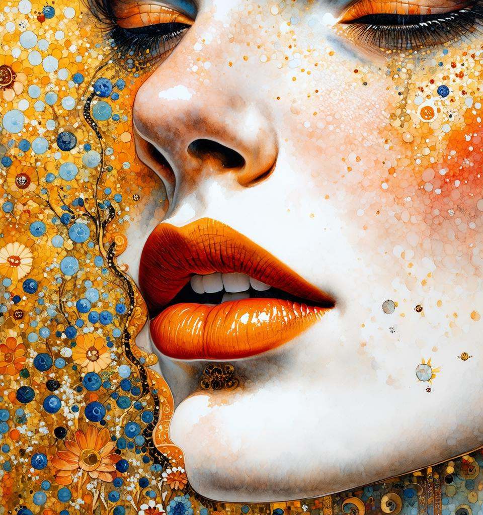 kissing lips woman by Gustav Klimt,  artistic impressionist watercolor paint by Geoffroy Thoorens and James Christensen,...