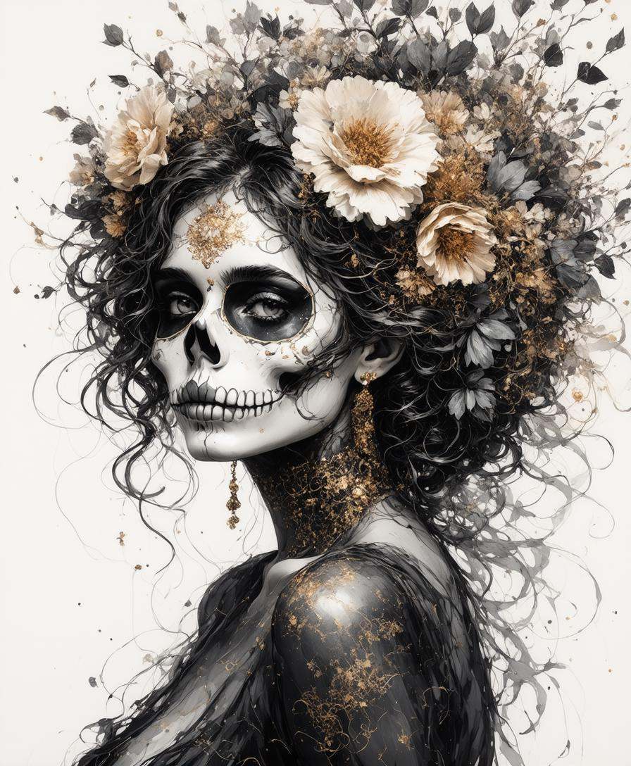 full body portrait beautiful woman with flowery hair Día de los Muertos by Alberto Seveso,  Wlop,  MW Kaluta on Tensor.Art