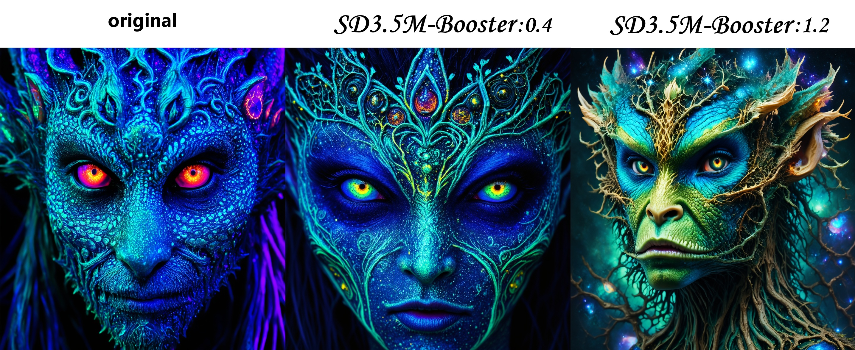 Portrait photo of tree creature with blacklight makeup,  fierce eyes,  intricate on Tensor.Art
