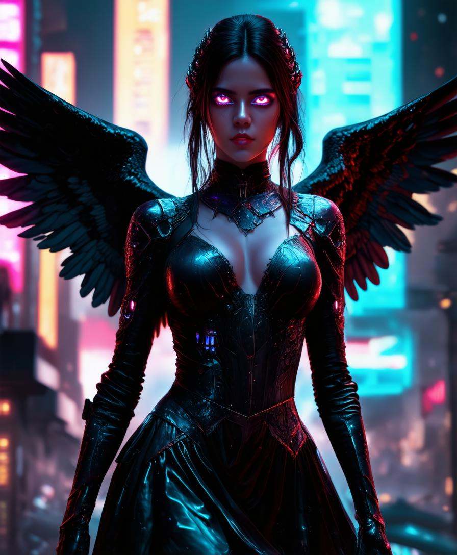 beautiful dark angel in cyberpunk 2077 wallpaper style,  cinematic,  busty dress on Tensor.Art