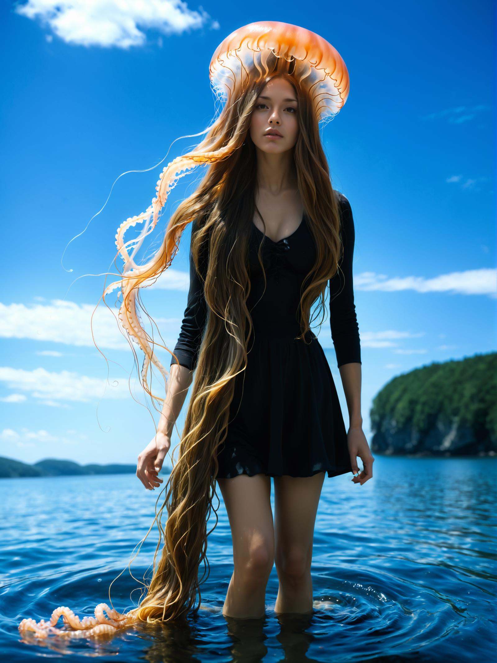water,  woman with very long hair,  jellyfish on Tensor.Art