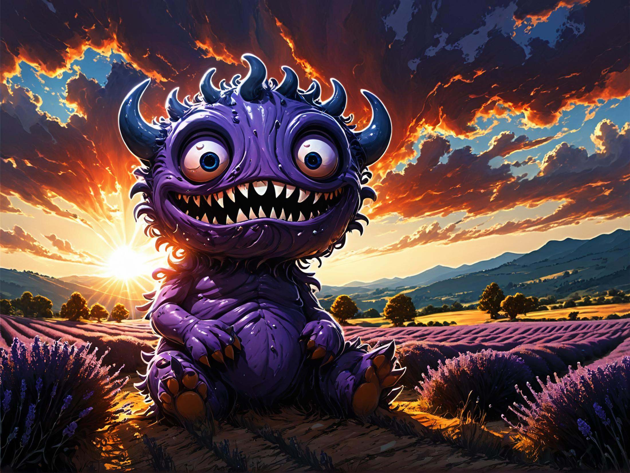 adorable monster sitting in lavender field,  comic style,  funny on Tensor.Art