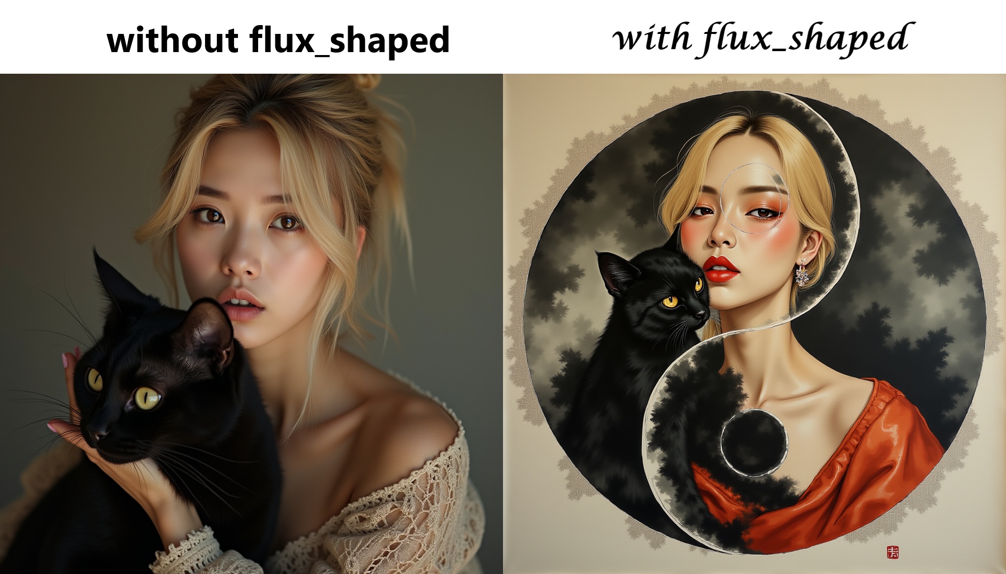 portrait of a blonde chinese woman with black cat on Tensor.Art