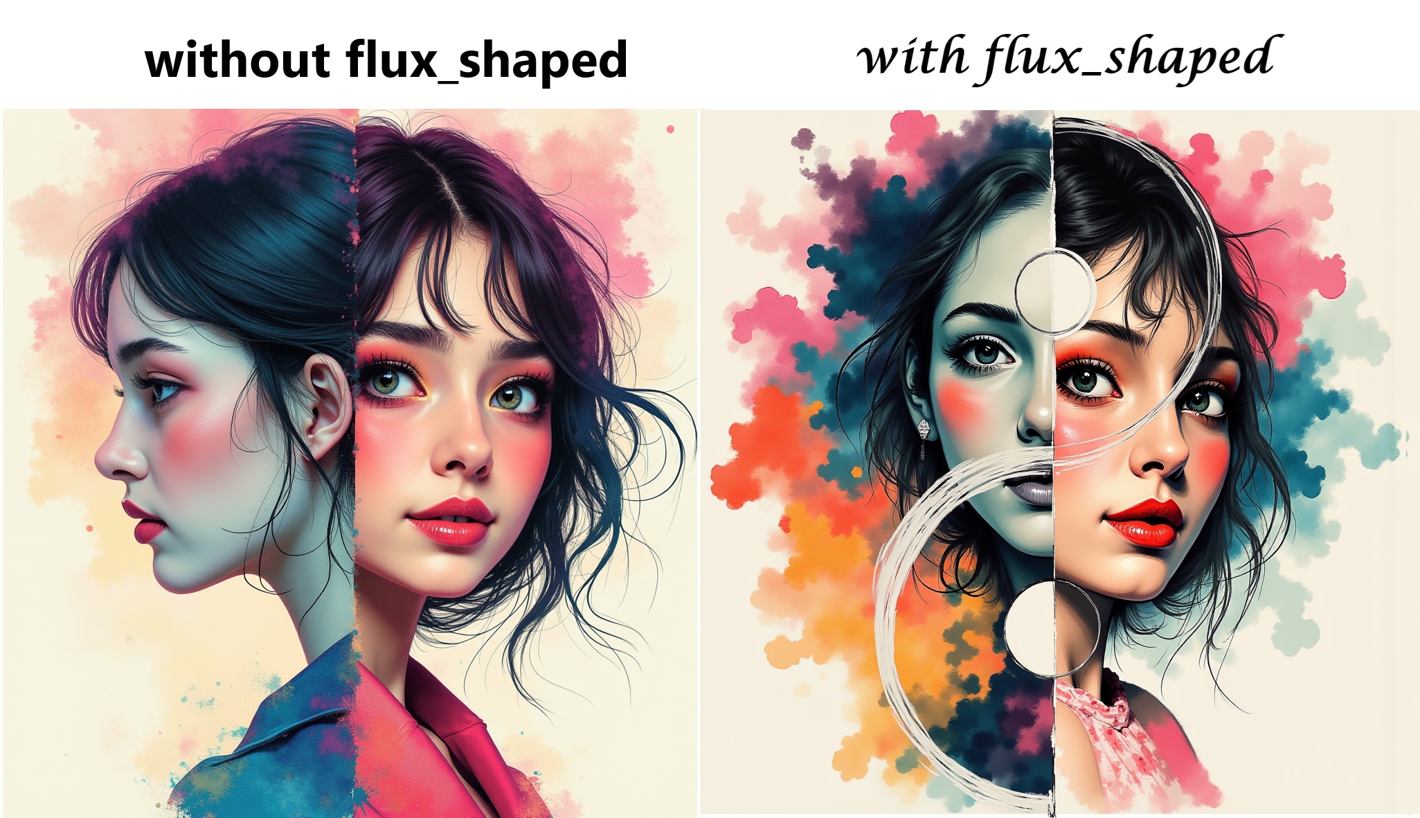 Split image of woman portrait,  one shy with downcast eyes and delicate features,  dressed in soft pastels on Tensor.Art