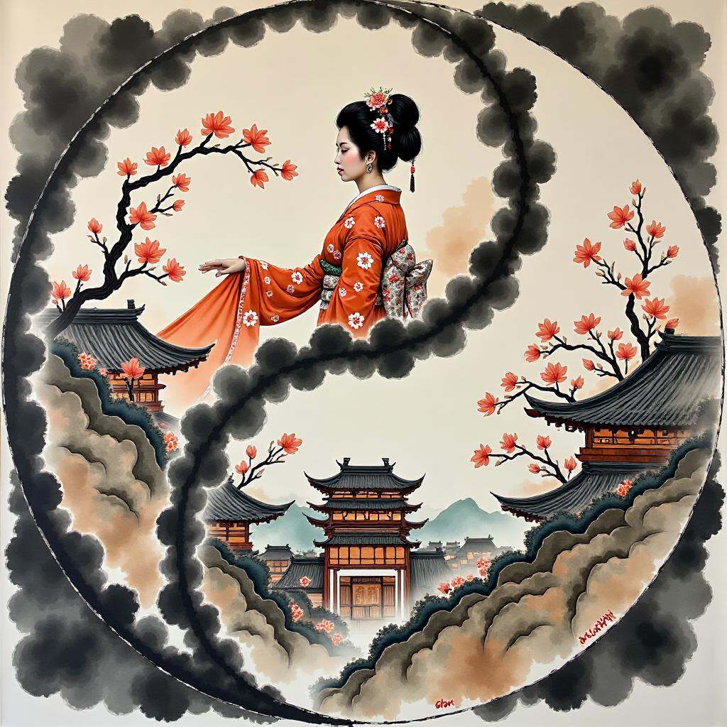 delicate watercolor painting of a Shinto Woman in a kimono,  Jealous intricate detail,  well-lit scene on Tensor.Art