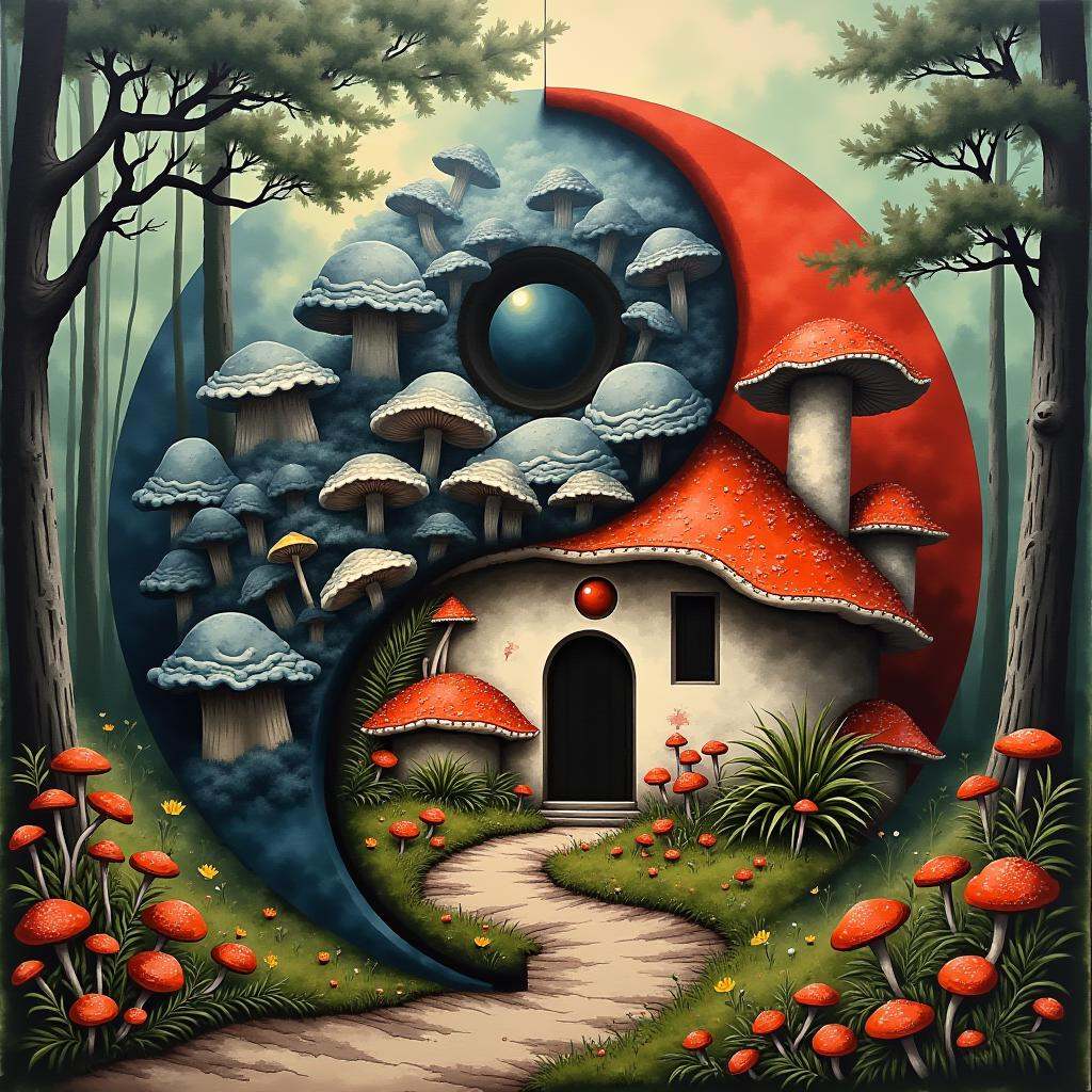 yinyang,  a house in the woods made out of mushrooms,  strange and crazy on Tensor.Art