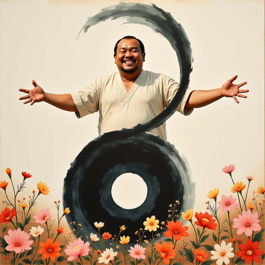 yinyang,  happy sumo ringer standing in a flowery field,  his arms outstretched on Tensor.Art