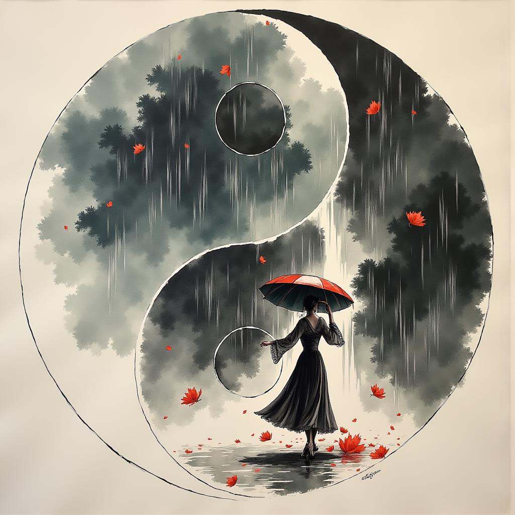 chinese woman dancing in the rain,  ink art on Tensor.Art