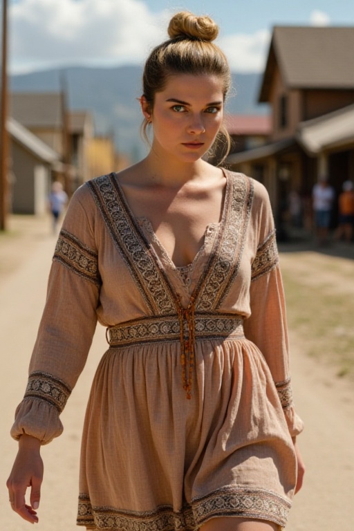 Annie Murphy,  hair tied up in bun,  wearing boho dress on Tensor.Art