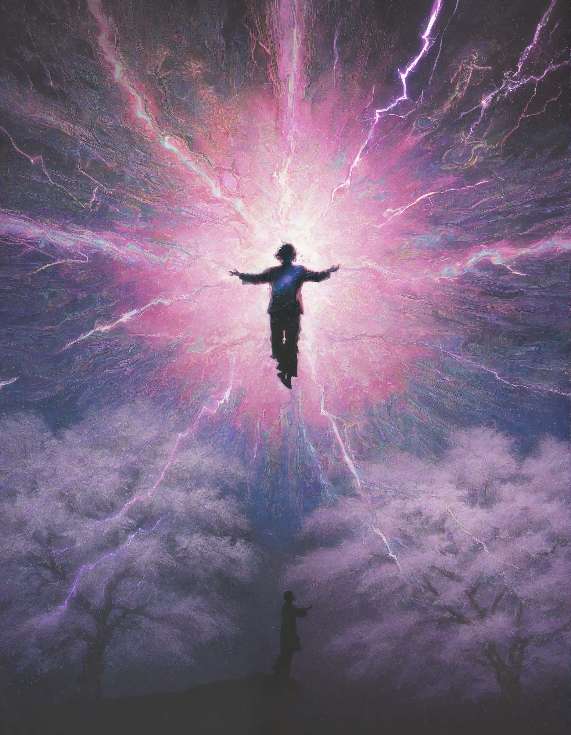 Surreal digital art,  cosmic energy explosion,  purple lightning bolts on Tensor.Art