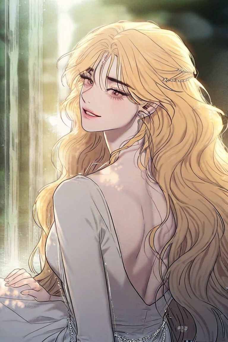 A stunning Korean girl with blonde wavy hair,  rendered in a high-quality,  ultra-detailed Manhwa style on Tensor.Art