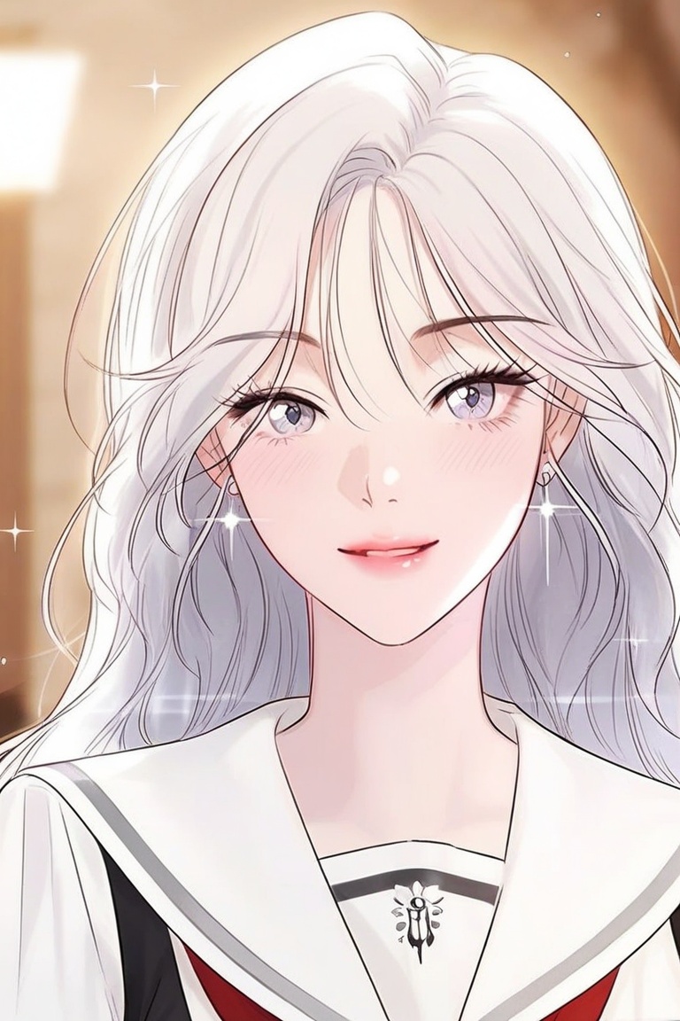 A close-up shot of a striking Korean girl with snow-white hair styled in sleek waves,  wearing a crisp academy uniform wit...