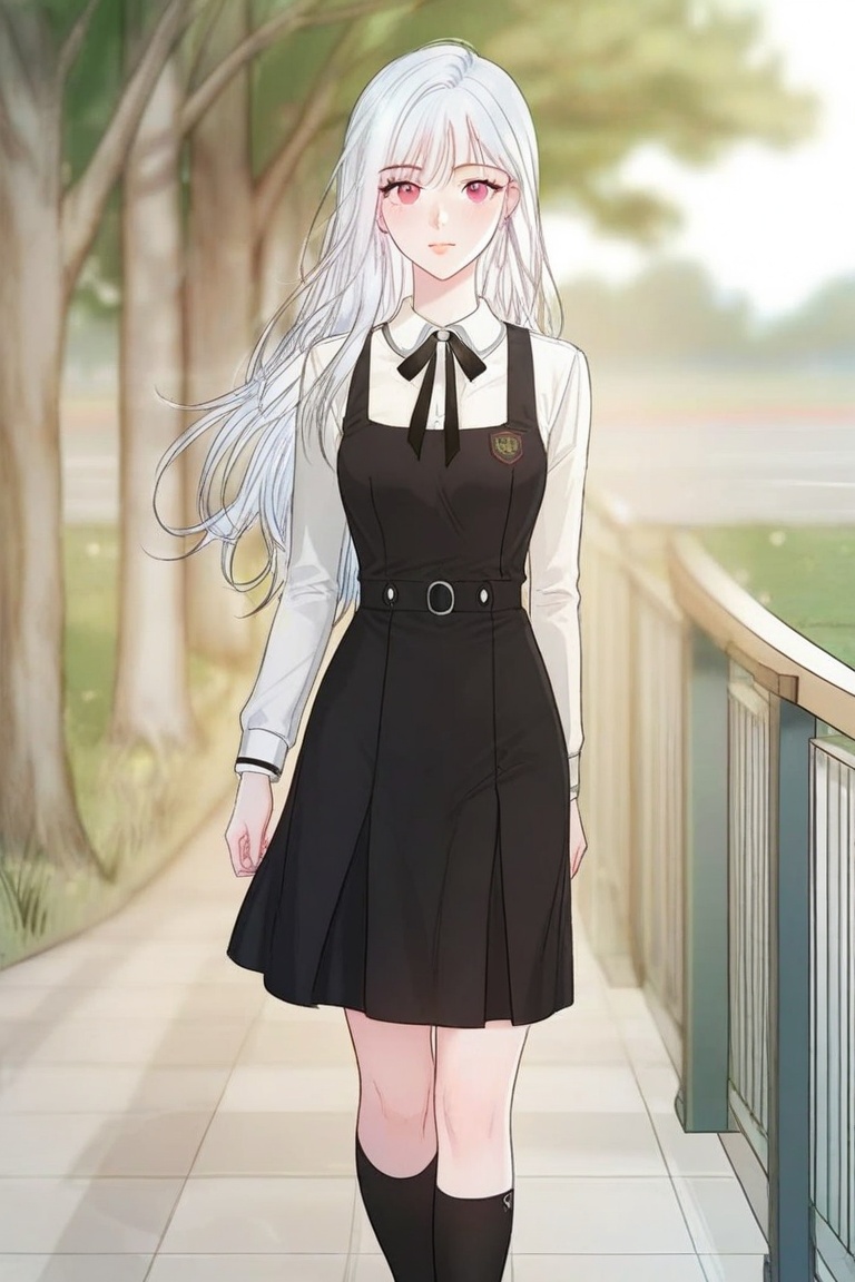 A stunning Korean girl with white hair,  dressed with an academy uniform,  walking in a highschool on Tensor.Art