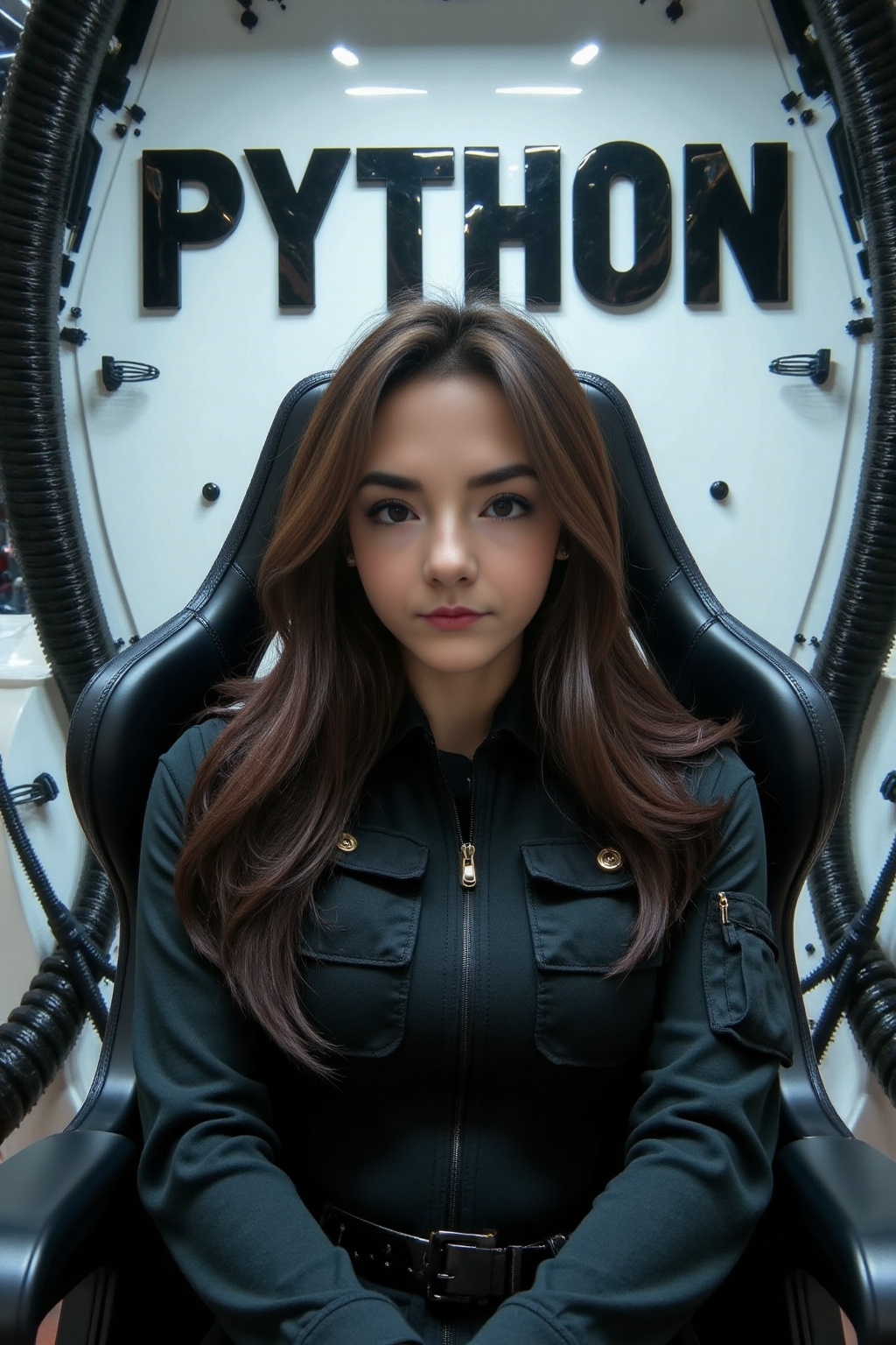 close-up photo of a young woman with long hair sitting on a black mechanical robot chair in a mecha robot room,  facing th...