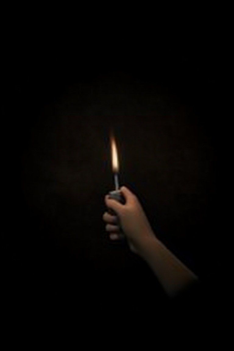 a dimly moment in the dark video games,  the character is holding a lighter with the small fire to find the way to exit th...