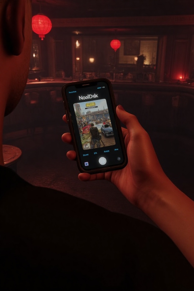 In the well-known video game about the gangsters,  the character is holding an iPhone,  the game enviroment is in a nightc...