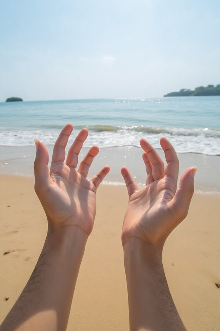 A serenity vision on the beach,  POV hands on Tensor.Art