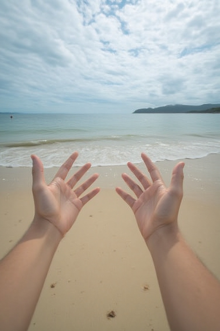 A serenity vision on the beach,  POV hands,  Enhanced all on Tensor.Art