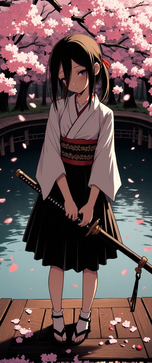 The image depicts a young girl dressed in traditional Japanese attire,  holding a katana sword. She is standing on a woode...
