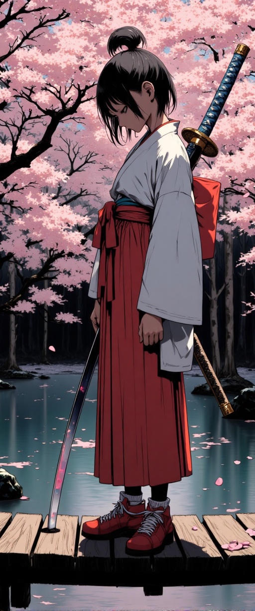 The image depicts a young girl dressed in traditional Japanese attire,  holding a katana sword. She is standing on a woode...