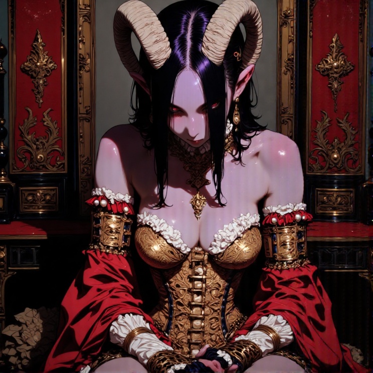 A Renaissance-style closeup portrait of of a purple skinned fluxtief from the chest up sitting before a heavy velvet dress...
