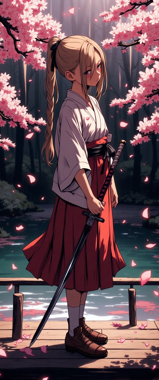 The image depicts a young girl dressed in traditional Japanese attire,  holding a katana sword. She is standing on a woode...