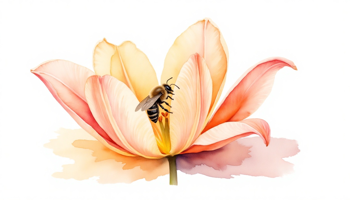 Watercolor close-up of a bee resting on a tulip petal,  delicate details of the flower and insect,  soft blending of warm...