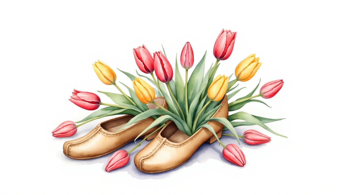 Watercolor depiction of traditional Dutch wooden shoes filled with tulips,  charming and nostalgic,  soft pastel tones. Is...