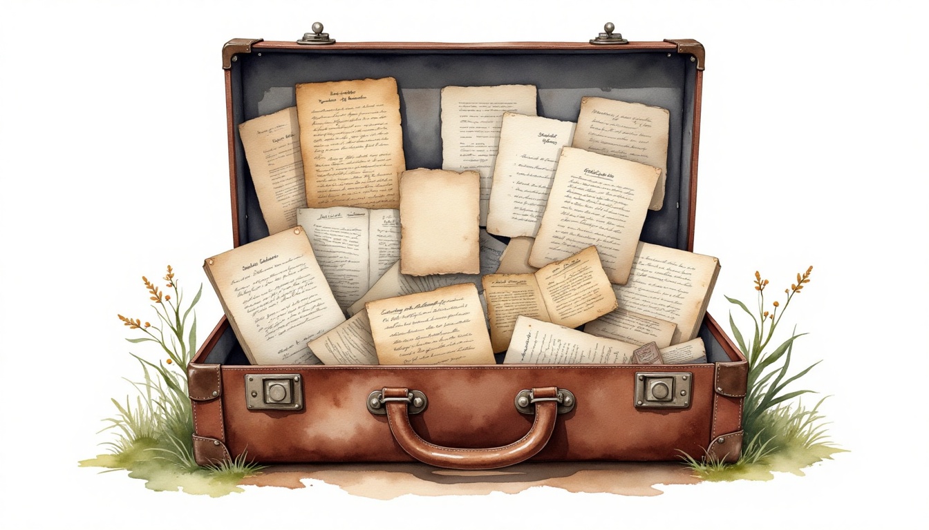 Watercolor Old suitcase filled with family memorabilia and documents on Tensor.Art