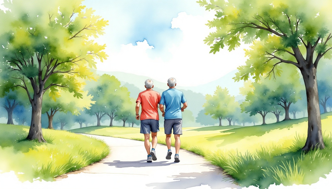 Watercolor depiction of Senior couple jogging together in a scenic park ,  watercolor_leo on Tensor.Art